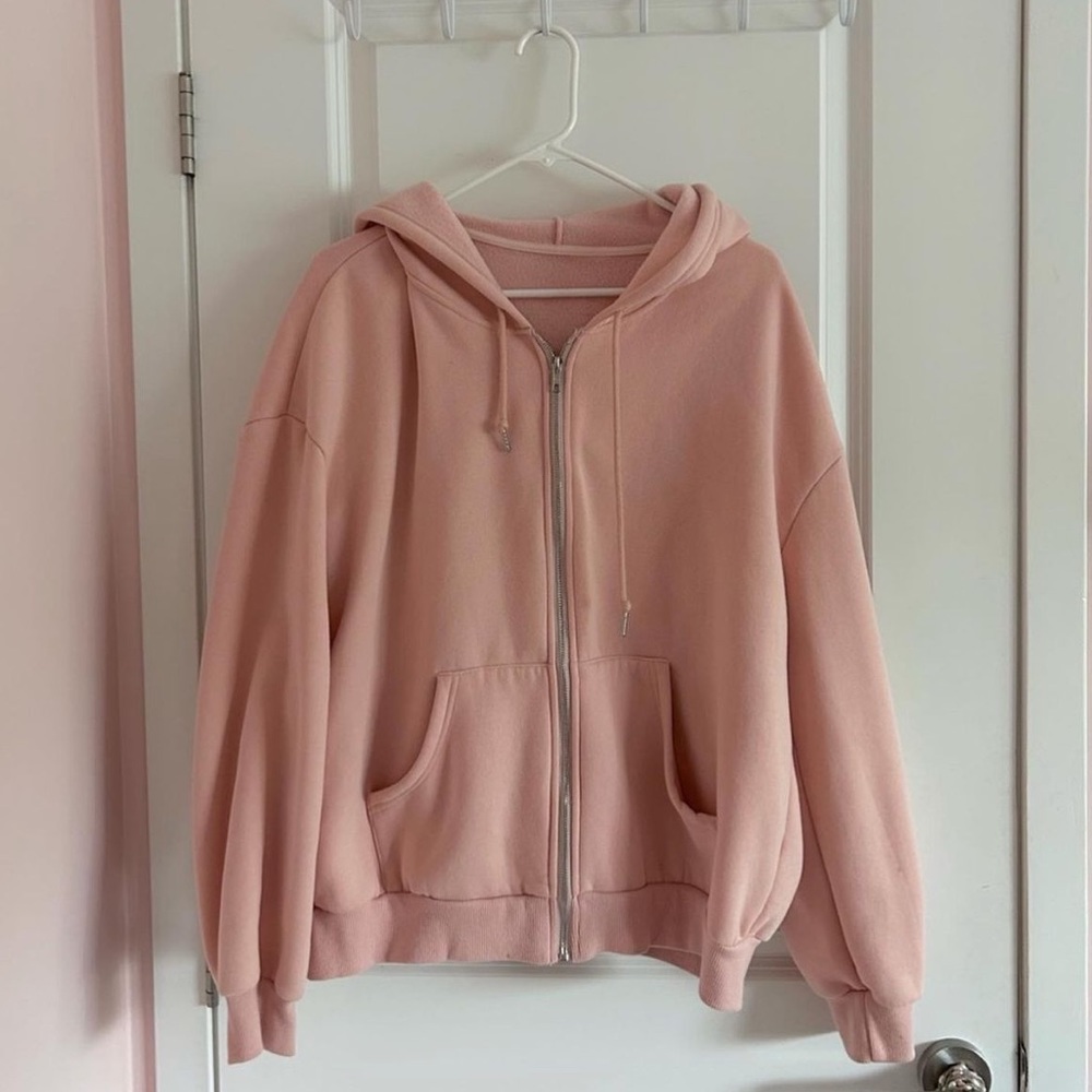korean pink drawstring zip up hoodie